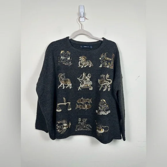 Zara Embodied and Beaded Zodiac Sweater Size Large EUC Wool Blend - Picture 3 of 8
